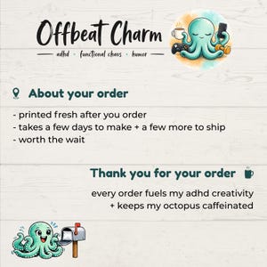 Order information and thank you card from the brand Offbeat Charm with details about made-to-order items.