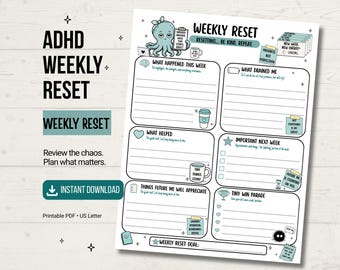 ADHD Wekelijkse Reset Werkblad Printbaar Zondag Reset Planner Pagina Overweldigde Volwassenen Wekelijkse Review Reflectieblad Neurodivergente Download