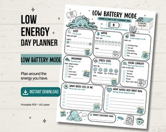 Burnout Recovery Worksheet Printable Low Battery Mode Daily Energy Check In Self Care Tracker for Overwhelmed Adults ADHD PDF Download