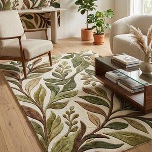Hand Tufted Wool Rug, Botanical Leaf Area Rug, Green Beige Floral Carpet, Handmade Modern Living Room Rug, Luxury Soft Plush Rug, Bedroom