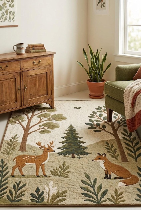 Hand Tufted Wool Rug Forest Animals Rug, Deer Fox Woodland Rug, Nursery Area Rug, Handmade Tufted Carpet, Nature Kids Room Rug, Living Room