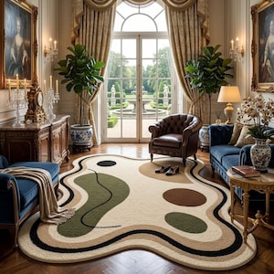 Dywan wełniany w abstrakcyjnym wzorze, nowoczesny dywan o organicznym kształcie, luksusowy dywan designerski, współczesny dywan do salonu, miękki pluszowy dywan ręcznie robiony
