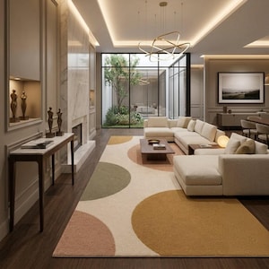Handgetufteter Abstrakter Bereich Teppich, Geometrischer Wollteppich, Zeitgenössischer Wohnzimmer Teppich, Neutral Beige Kreis Muster Teppich Luxus Wohnkultur