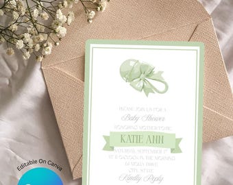 Sage Green Baby Shower Invitation Template | Editable Baby Shower Invite | Elegant Bow Baby Shower Invite