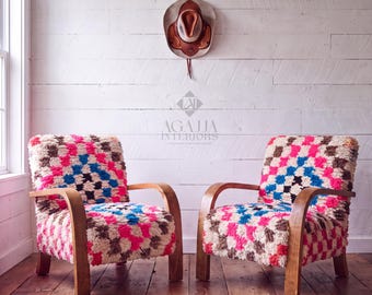 Mid-Century Modern Lounge Chairs - 2 Custom Vibrant Checkered Accents for Home Styles