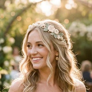 May include: A bride in a white wedding dress holds a bouquet of white flowers. She is smiling and wearing a floral headpiece. The background features lush greenery and white floral arrangements, creating a romantic outdoor setting.