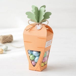 Caja para dulces con forma de zanahoria, recipiente para caramelos de Pascua, empaque para manualidades infantiles (descarga en PDF)