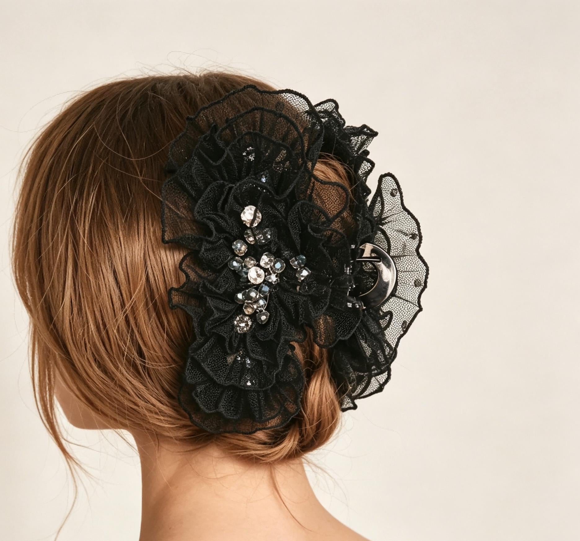 Black Floral Hair Claw, Lace Rhinestone Hair Clip, Elegant Bridal Hair Accessory, Gothic Vintage Gift for Women