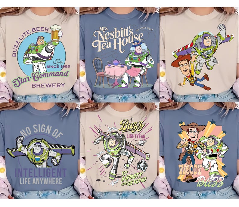 May include: A collection of six t-shirts featuring various graphic prints of Buzz Lightyear and Woody. The designs include text such as Buzz Lite Beer, Mrs. Nesbitt's Tea House, No Sign of Intelligent Life Anywhere, and To Infinity and Beyond.