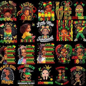 Op de afbeelding: Een verzameling kleurrijke Juneteenth-thema graphics met illustraties van zwarte meisjes en kinderen. De ontwerpen bevatten tekst zoals "Little Miss", "Black Girl Magic" en "Juneteenth 1865."