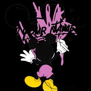 May include: A black silhouette of a cartoon mouse character wearing pink shorts and yellow shoes, holding a paintbrush to create pink graffiti art on a black background. The text "YOUR NAME" is written in black over the pink paint design.
