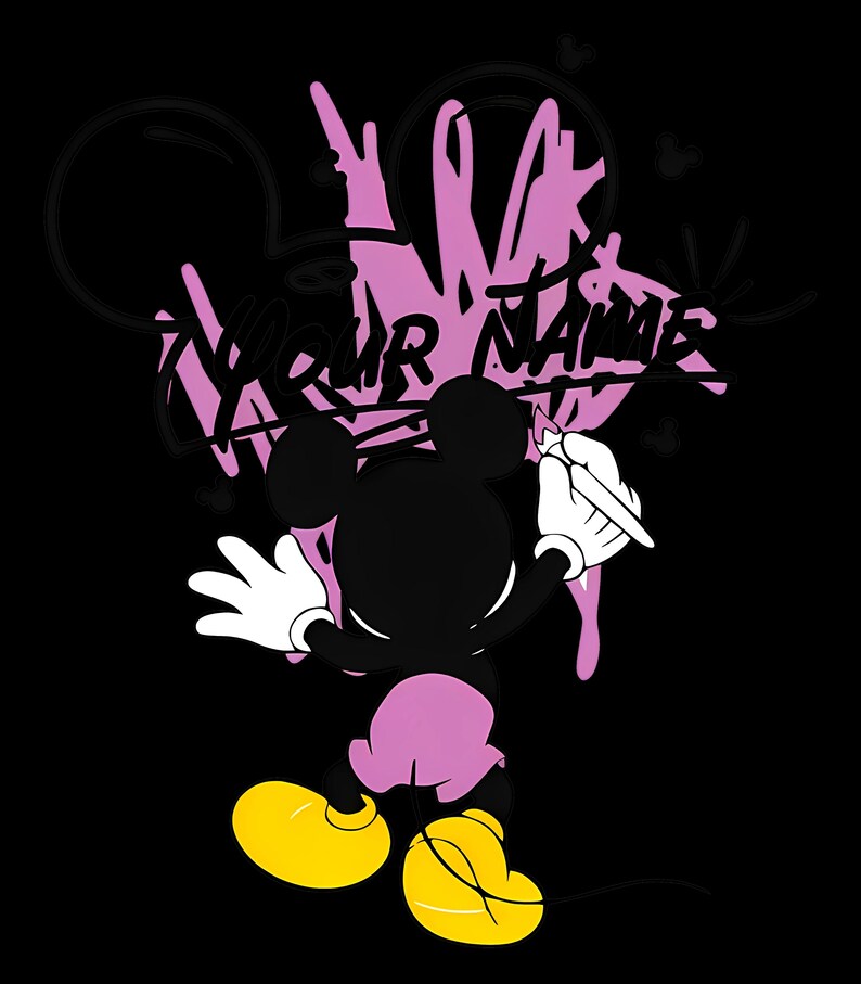 May include: A black silhouette of a cartoon mouse character wearing pink shorts and yellow shoes, holding a paintbrush to create pink graffiti art on a black background. The text "YOUR NAME" is written in black over the pink paint design.