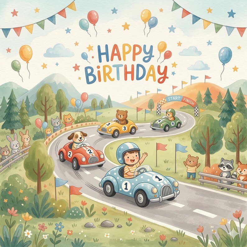 First Place Racing Sticker First-place Race Cars Birthday Card, Kids Digital Download (5