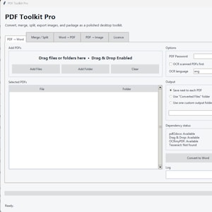 May include: Screenshot of the PDF Toolkit Pro software interface. The software allows users to convert, merge, split, and export PDF files. The interface includes options for PDF password, OCR language, and output settings.
