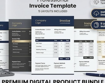 Professionele factuursjabloon | 5 lay-outs, bewerkbare pdf (directe download)
