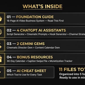 Pu&ograve; includere: Grafica nera con testo dorato che descrive le risorse di intelligenza artificiale. Il testo recita "WHAT'S INSIDE" ed elenca 5 categorie, tra cui una guida di base, assistenti AI ChatGPT, gemme Gemini, risorse bonus e un cheat sheet AI. Il testo indica un totale di 11 file.