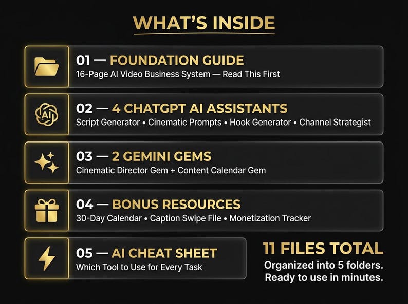 Pu&ograve; includere: Grafica nera con testo dorato che descrive le risorse di intelligenza artificiale. Il testo recita "WHAT'S INSIDE" ed elenca 5 categorie, tra cui una guida di base, assistenti AI ChatGPT, gemme Gemini, risorse bonus e un cheat sheet AI. Il testo indica un totale di 11 file.