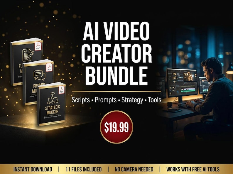 Pu&ograve; includere: Una pubblicit&agrave; per un pacchetto AI Video Creator. L'immagine presenta tre mockup di prodotti digitali, il testo "AI VIDEO CREATOR BUNDLE" e una persona che lavora su un computer. Il pacchetto include script, prompt, strategia e strumenti.