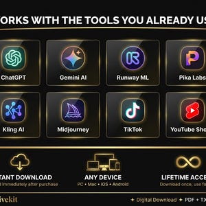 Pu&ograve; includere: Immagine con il testo "WORKS WITH THE TOOLS YOU ALREADY USE" e loghi di ChatGPT, Gemini AI, Runway ML, Pika Labs, Kling AI, Midjourney, TikTok e YouTube Shorts. Include anche "INSTANT DOWNLOAD", "ANY DEVICE" e "LIFETIME ACCESS".