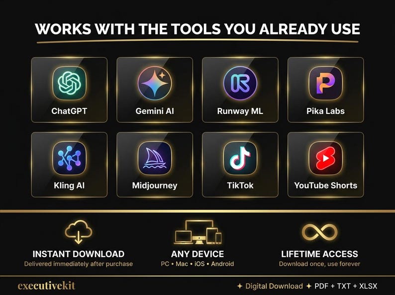 Pu&ograve; includere: Immagine con il testo "WORKS WITH THE TOOLS YOU ALREADY USE" e loghi di ChatGPT, Gemini AI, Runway ML, Pika Labs, Kling AI, Midjourney, TikTok e YouTube Shorts. Include anche "INSTANT DOWNLOAD", "ANY DEVICE" e "LIFETIME ACCESS".