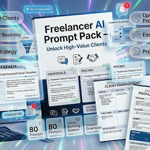 May include: Image of a Freelancer AI Prompt Pack with the text "Unlock High-Value Clients." The image includes a laptop, phone, calculator, and documents with text like "Pricing Strategy" and "Email Templates."