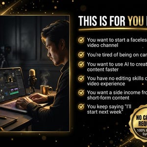 Pu&ograve; includere: Una persona lavora su un laptop con un microfono e una tazza di caff&egrave; su una scrivania. L'immagine include il testo "THIS IS FOR YOU IF..." seguito da un elenco di vantaggi e un distintivo d'oro con "NO CAMERA REQUIRED 100% Faceless System."
