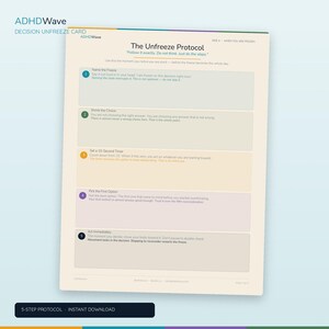 May include: A rectangular off-white card titled The Unfreeze Protocol with five numbered steps for decision-making. Each step features a coloured box and text instructions. The top includes the text ADHDWave Decision Unfreeze Card.