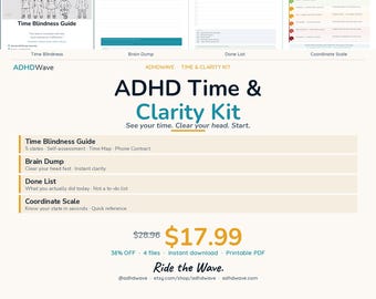 ADHD Time Clarity Kit — Time Blindness Guide, Brain Dump, Done List & Coordinate Scale | Bundle