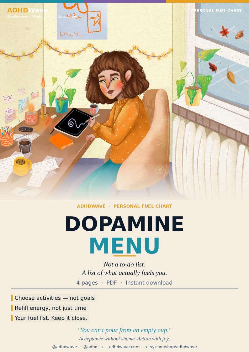 ADHDWave Dopamine Menu — ADHD personal fuel chart printable PDF, fillable 4-page digital download, what actually restores you