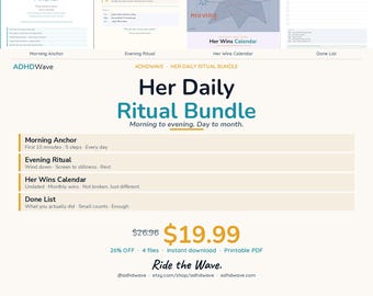 ADHD Daily Ritual Bundle – Morning Anchor, Phone Sunset, Wins Calendar, Done List (PDF)