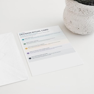 May include: A white card with the text "DECISION RITUAL CARD" and a list of questions. An open white envelope is on the left. A white textured vase is on the right. The card is on a white surface.