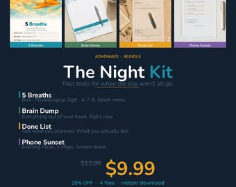 ADHD Night Kit – 5 Breaths, Brain Dump, Done List, Phone Sunset (Printable PDF)