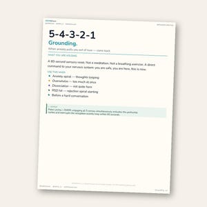 May include: A white paper with the title "5-4-3-2-1 Grounding" and explanatory text. The document provides instructions for a sensory reset to manage anxiety, including when to use it and a scientific explanation.