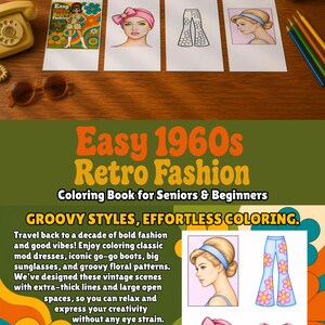 Easy 1960s Retro Fashion Coloring Book for Seniors, Large Print Groovy Style Art, Bold Line Vintage Clothes Pages, Relaxing Adult PDF