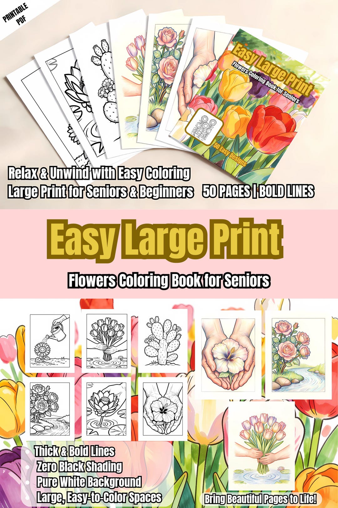 Easy Large Print Flowers Coloring Book for Seniors, 50 Simple Floral ...