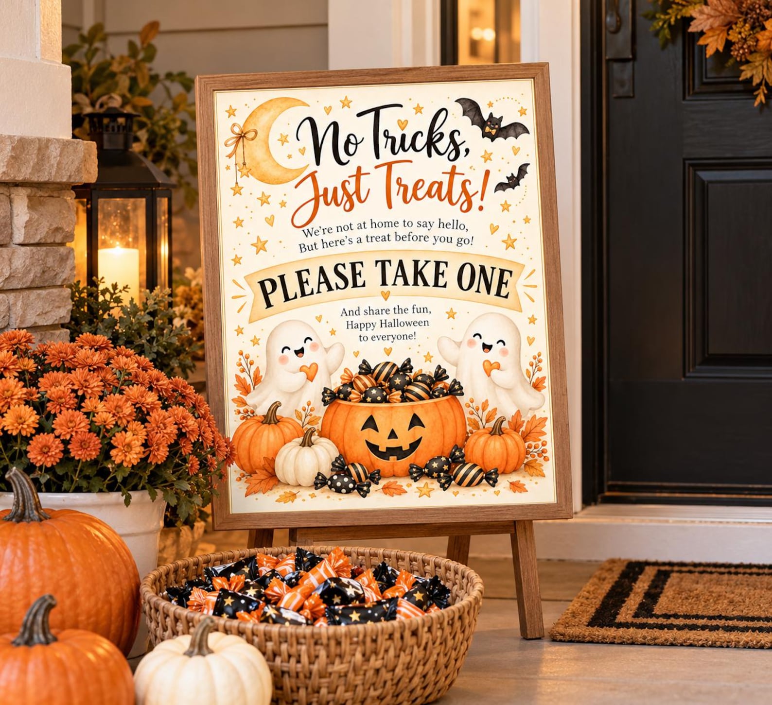 No Tricks, Just Treats in a Warm Frame Halloween candy sign with pumpkins and no-tricks-just-treats lettering.