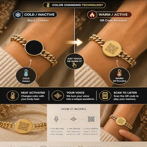 Könnte beinhalten: Goldfarbenes Kettenarmband mit einem kreisförmigen Anhänger, der einen QR-Code enthüllt, wenn er erwärmt wird. Das Armband verfügt über eine farbwechselnde Technologie und ist wasserdicht und anlaufgeschützt. Der Text auf dem Bild lautet "Touch it reveals heat activated. Your memory, revealed."