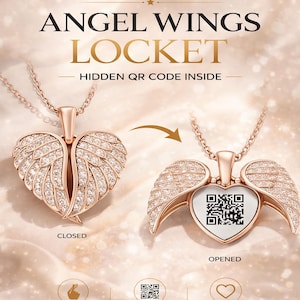 May include: Rose gold angel wing locket necklace, shown closed and open. The heart-shaped pendant has a hidden QR code. Text on the image reads: "Open it. Scan it. Feel it." and "Angel Wings Locket."
