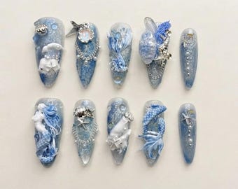 Ocean Siren Press On Nails Mermaid Seashell Starfish Pearl Handmade Reusable 3D Ocean Fantasy Luxury False Nails | PON11