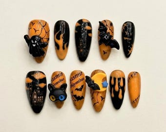 Spooky Night Halloween Press On Nails Black Orange Ghost Bat Pumpkin Gothic Handmade Reusable False Nails Cute Creepy Nail Set PON 31