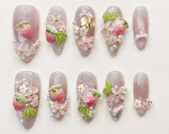 Strawberry Bloom Press On Nails Pink Strawberry Sakura Floral Fairycore Kawaii Handmade Reusable False Nails