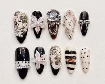 Parisian Noir Press On Nails Black White Pearl Floral Bow Handmade Reusable False Nails Coquette Old Money Luxury