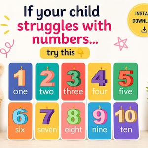 May include: Colorful flashcards with numbers 1-10, each card featuring a number, its corresponding word, and a candle illustration. The text "If your child struggles with numbers... try this" is displayed at the top. A teddy bear and a plant are in the background.