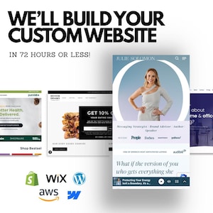 May include: Image promoting website design services. Text reads "WE'LL BUILD YOUR CUSTOM WEBSITE" and "IN 72 HOURS OR LESS!". Several website mockups are displayed, along with logos for Shopify, Wix, and WordPress.