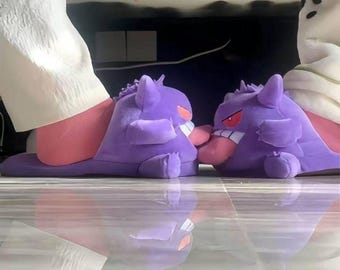 Gengar Plush Slipper & Sock Set | Pokémon Cozy Home Bundle | Funny Tongue Out Design | Purple Anime Lounge Set | Ghost Type Gamer Gift