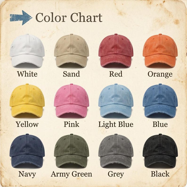 Peut inclure: Un nuancier pr&eacute;sente douze casquettes de baseball de diff&eacute;rentes couleurs : blanc, sable, rouge, orange, jaune, rose, bleu clair, bleu, marine, vert arm&eacute;e, gris et noir. Chaque casquette a un aspect vieilli et est &eacute;tiquet&eacute;e avec son nom de couleur.