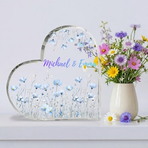 Custom Couple Heart Acrylic Plaque, Personalized Anniversary Gift for Her, 2-Sided Hologram Blue Floral Keepsake, 0.6" Thick Wedding Decor