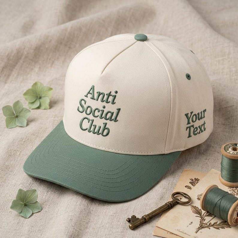 Peut inclure: Casquette de baseball cr&egrave;me et verte avec l'inscription brod&eacute;e "Anti Social Club" sur le devant. La casquette a une visi&egrave;re verte et un bouton vert. Le texte "Your Text" est brod&eacute; sur le c&ocirc;t&eacute;.