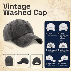 Peut inclure: Casquette vintage d&eacute;lav&eacute;e de couleur gris fonc&eacute;. Le chapeau a une visi&egrave;re incurv&eacute;e et un aspect vieilli. L'image comprend des sch&eacute;mas montrant les options de personnalisation pour le placement du texte, avec des mesures en cm.