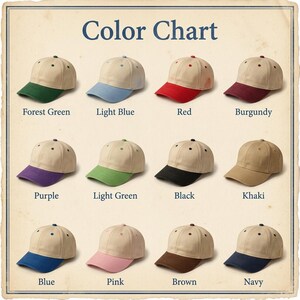 Peut inclure: Un nuancier pr&eacute;sente douze casquettes de baseball de diff&eacute;rentes couleurs. Les casquettes ont une couronne beige et une visi&egrave;re color&eacute;e. Les couleurs incluent vert for&ecirc;t, bleu clair, rouge, bordeaux, violet, vert clair, noir, kaki, bleu, rose, marron et marine.